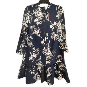 HALOGEN Navy Floral Long Sleeve Flounce Ruffle Back Buttons XS Dress